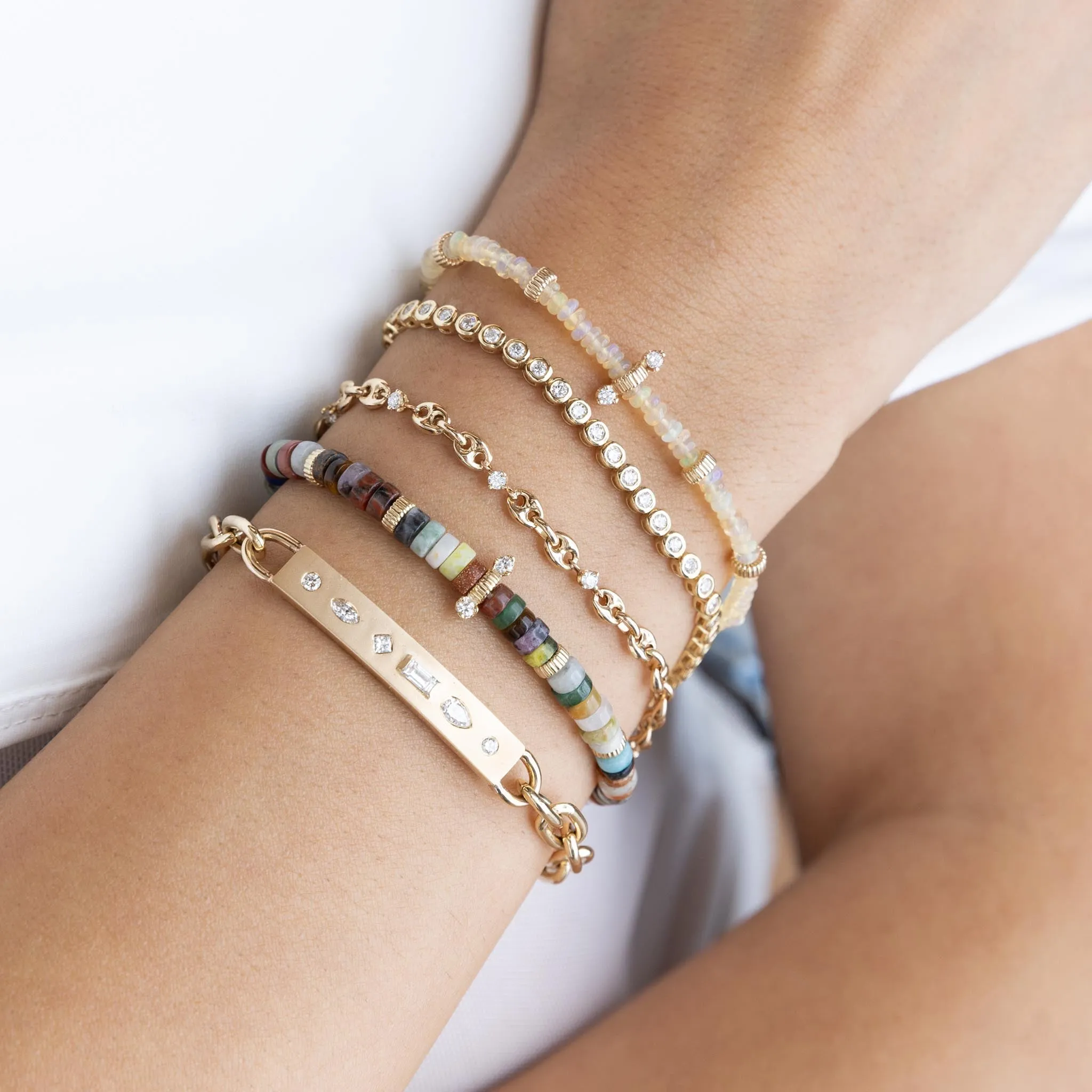 14k 5 Prong Diamond Small Puffed Mariner Chain Bracelet