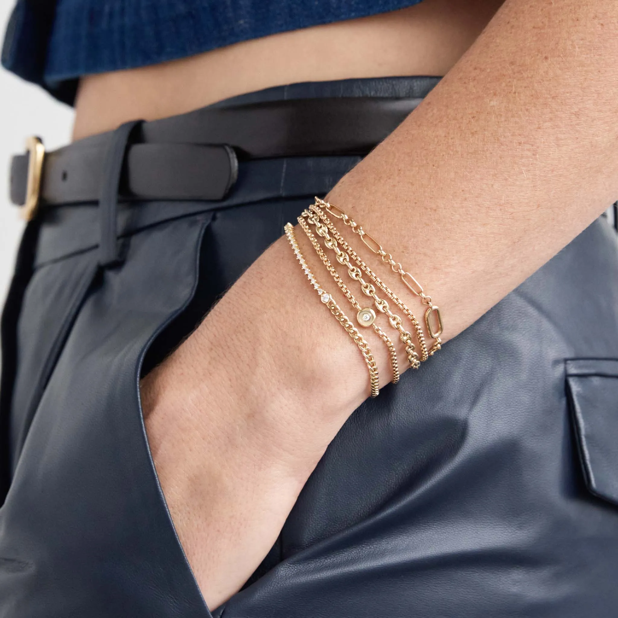 14k Gold Small Puffed Mariner Chain Bracelet