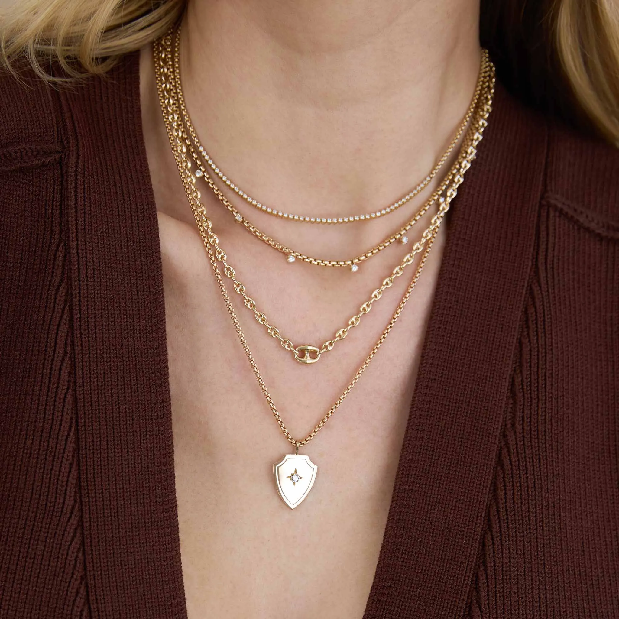 14k Single Pavé Diamond Large Mariner Link Small Mariner Chain Necklace