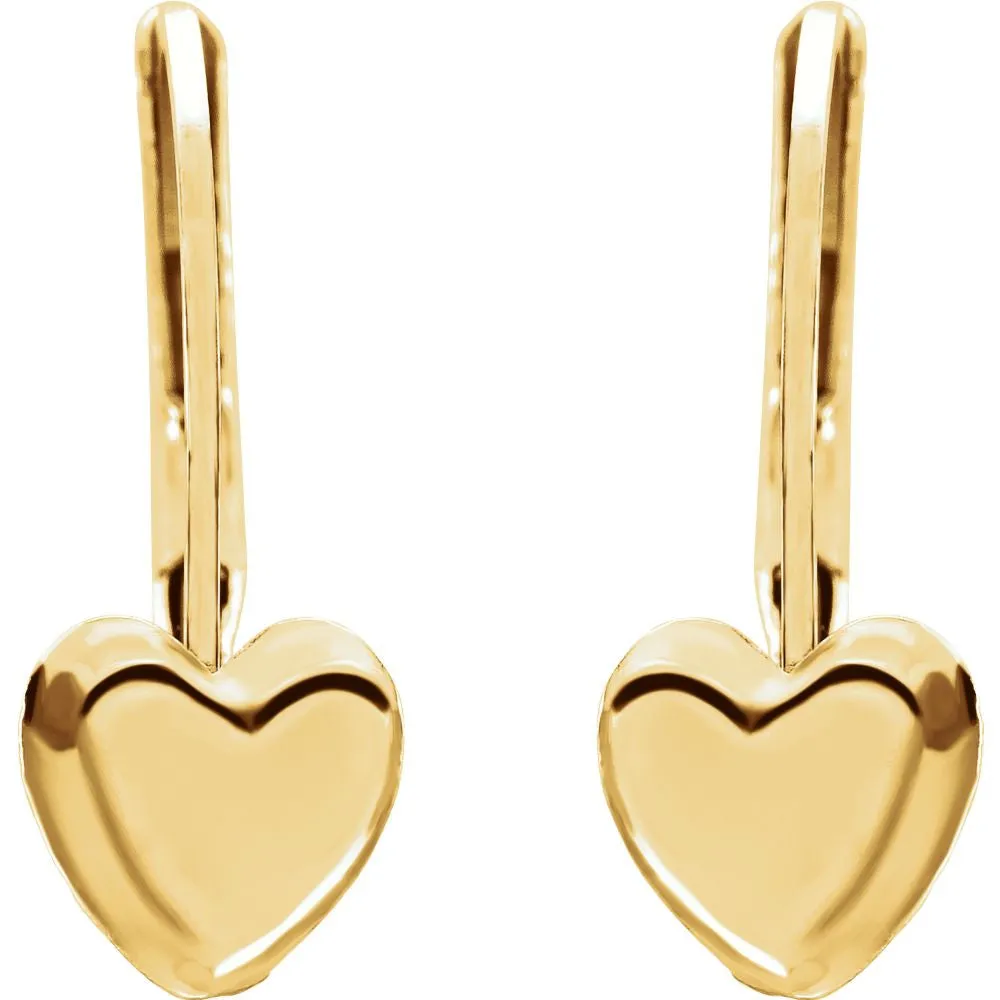 14k Yellow Gold Heart Lever Back Youth Earrings