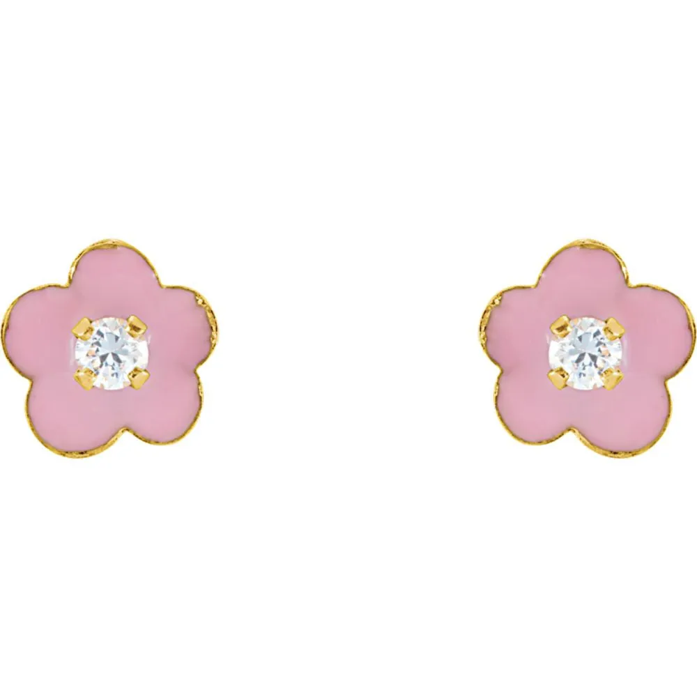 14k Yellow Gold Youth Pink Enamel Flower & Cubic Zirconia Earrings