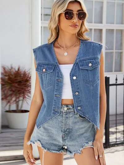 Angie Pocketed Button Up Sleeveless Denim Jacket
