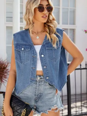 Angie Pocketed Button Up Sleeveless Denim Jacket