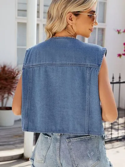 Angie Pocketed Button Up Sleeveless Denim Jacket