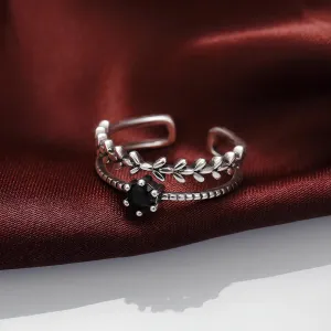 Antique Silver Color Vintage Adjustable Branch Ring with Black Stone