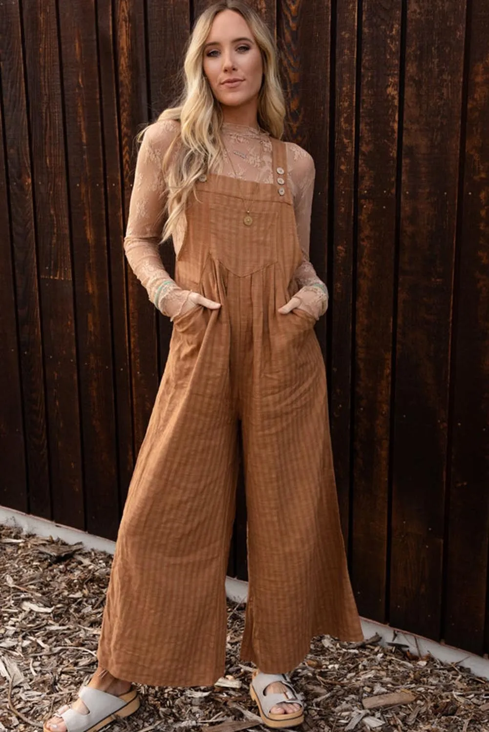 Brown Striped Pleated Wide Leg Pocketed Jumpsuit