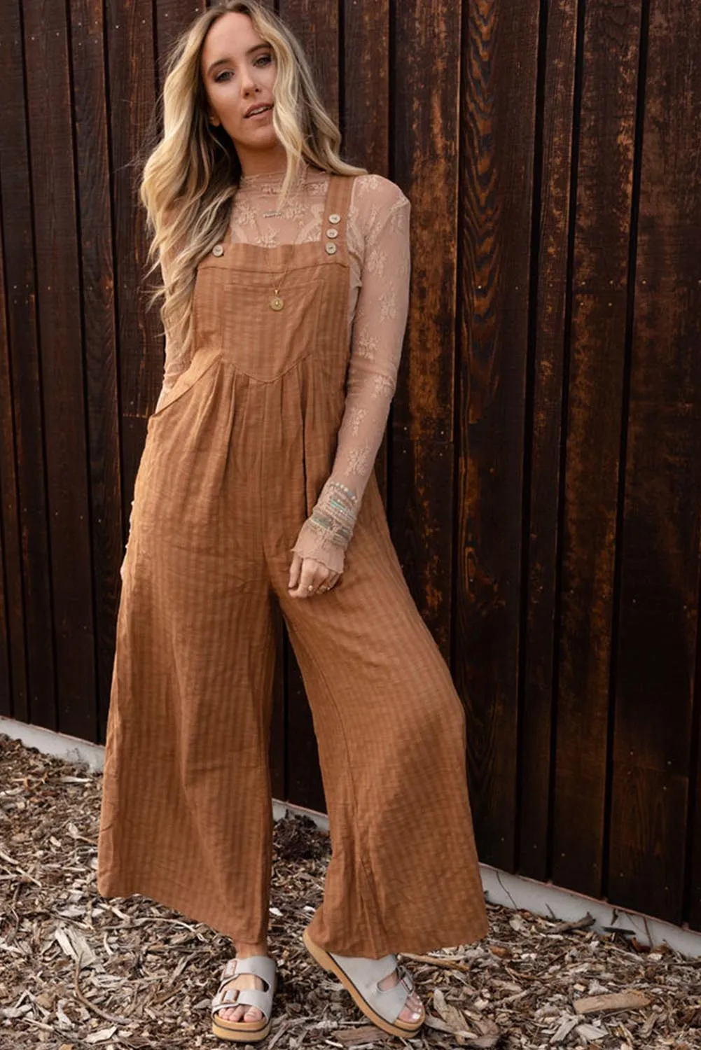 Brown Striped Pleated Wide Leg Pocketed Jumpsuit