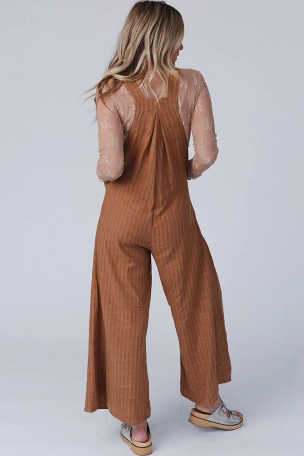 Brown Striped Pleated Wide Leg Pocketed Jumpsuit
