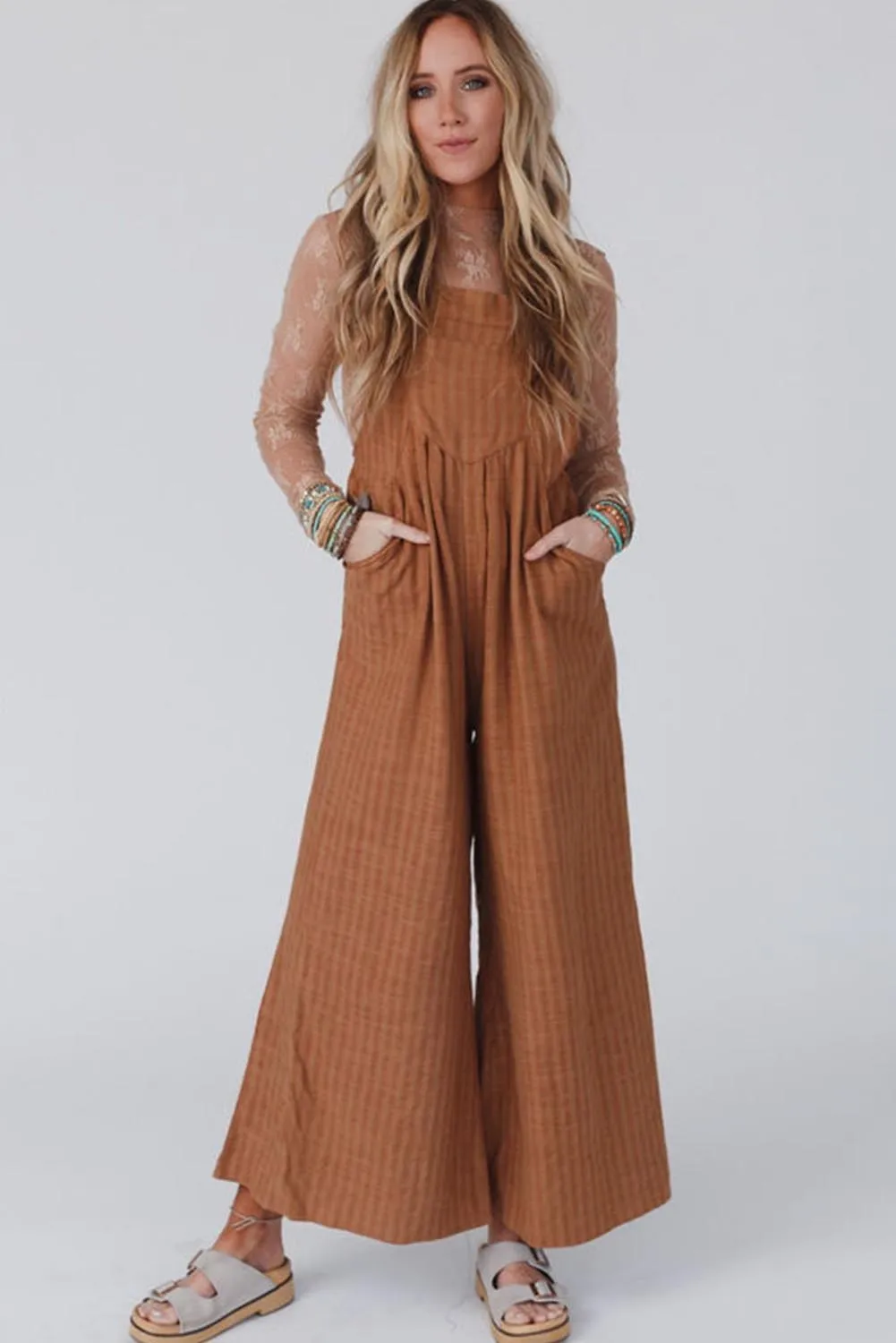 Brown Striped Pleated Wide Leg Pocketed Jumpsuit