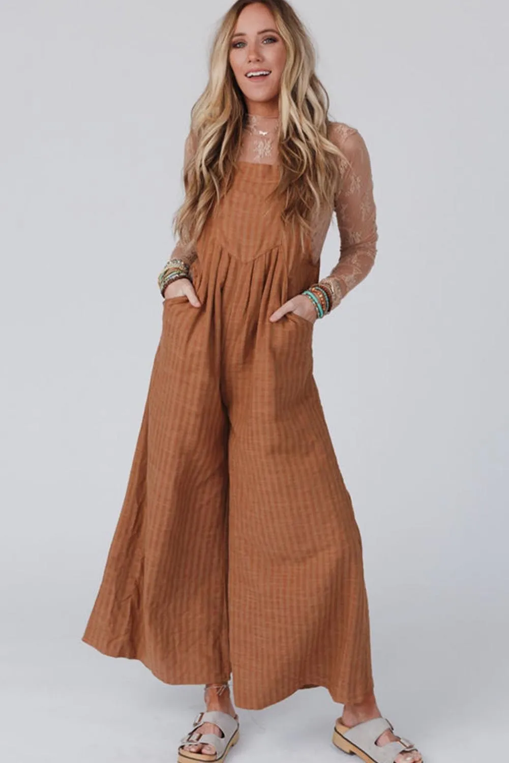Brown Striped Pleated Wide Leg Pocketed Jumpsuit