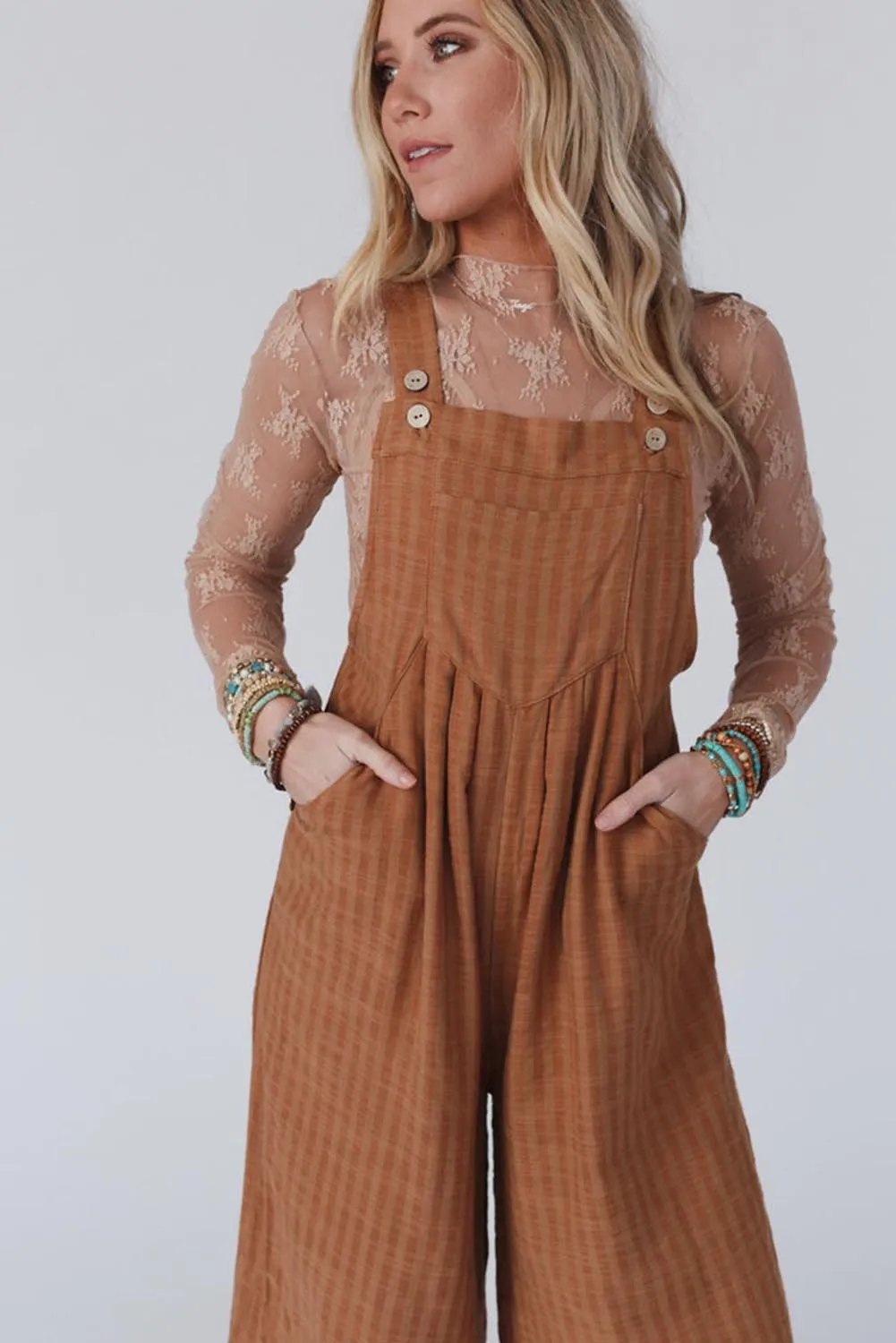 Brown Striped Pleated Wide Leg Pocketed Jumpsuit