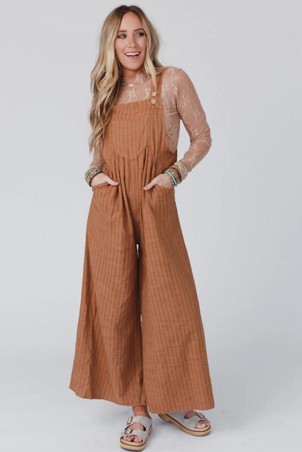 Brown Striped Pleated Wide Leg Pocketed Jumpsuit