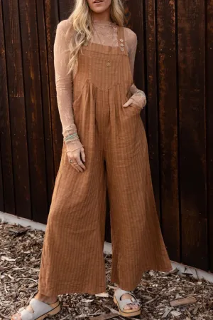Brown Striped Pleated Wide Leg Pocketed Jumpsuit