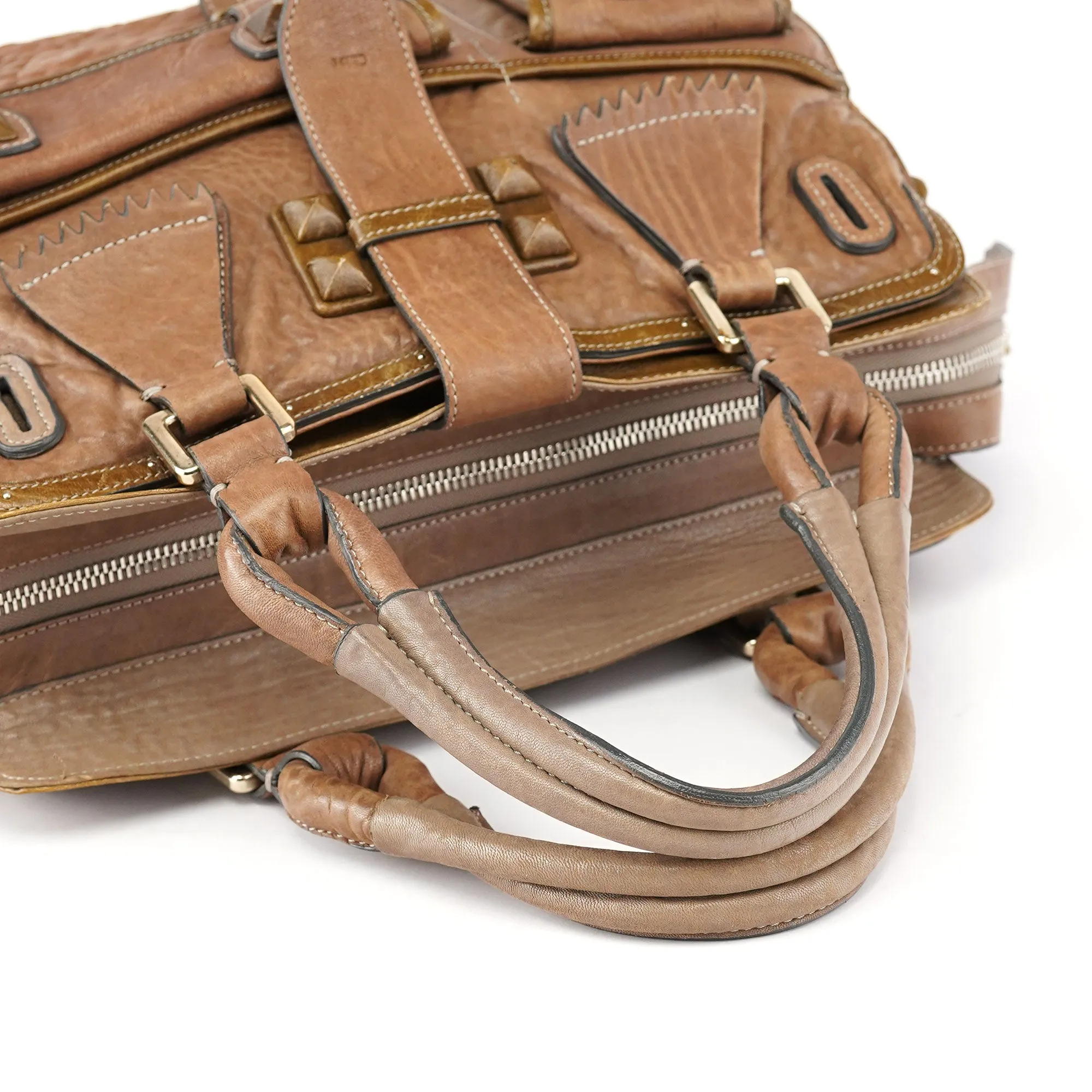 Brown Studded Leather Tote Bag