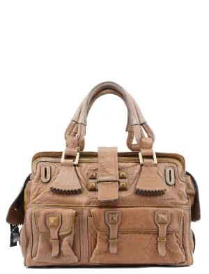 Brown Studded Leather Tote Bag