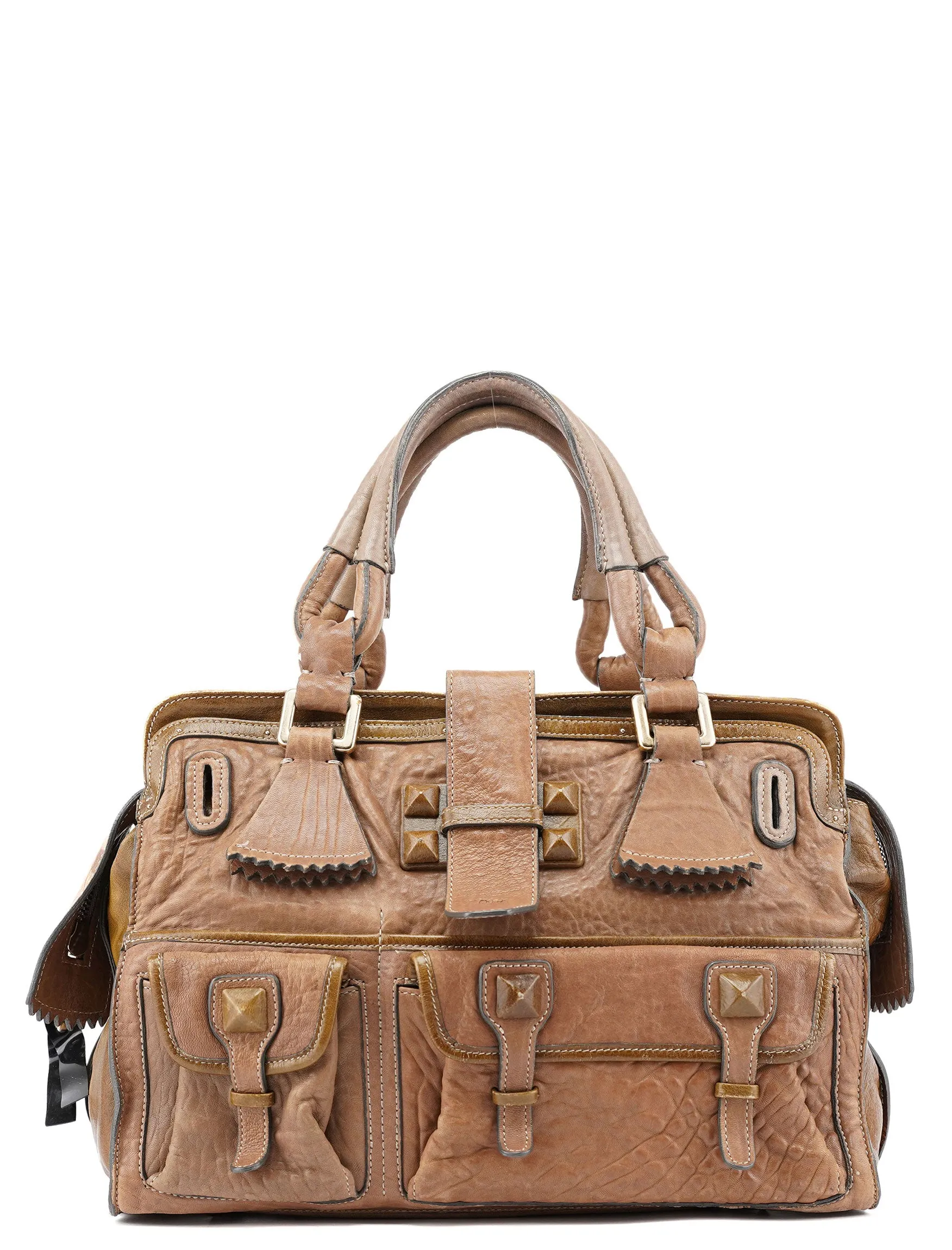Brown Studded Leather Tote Bag