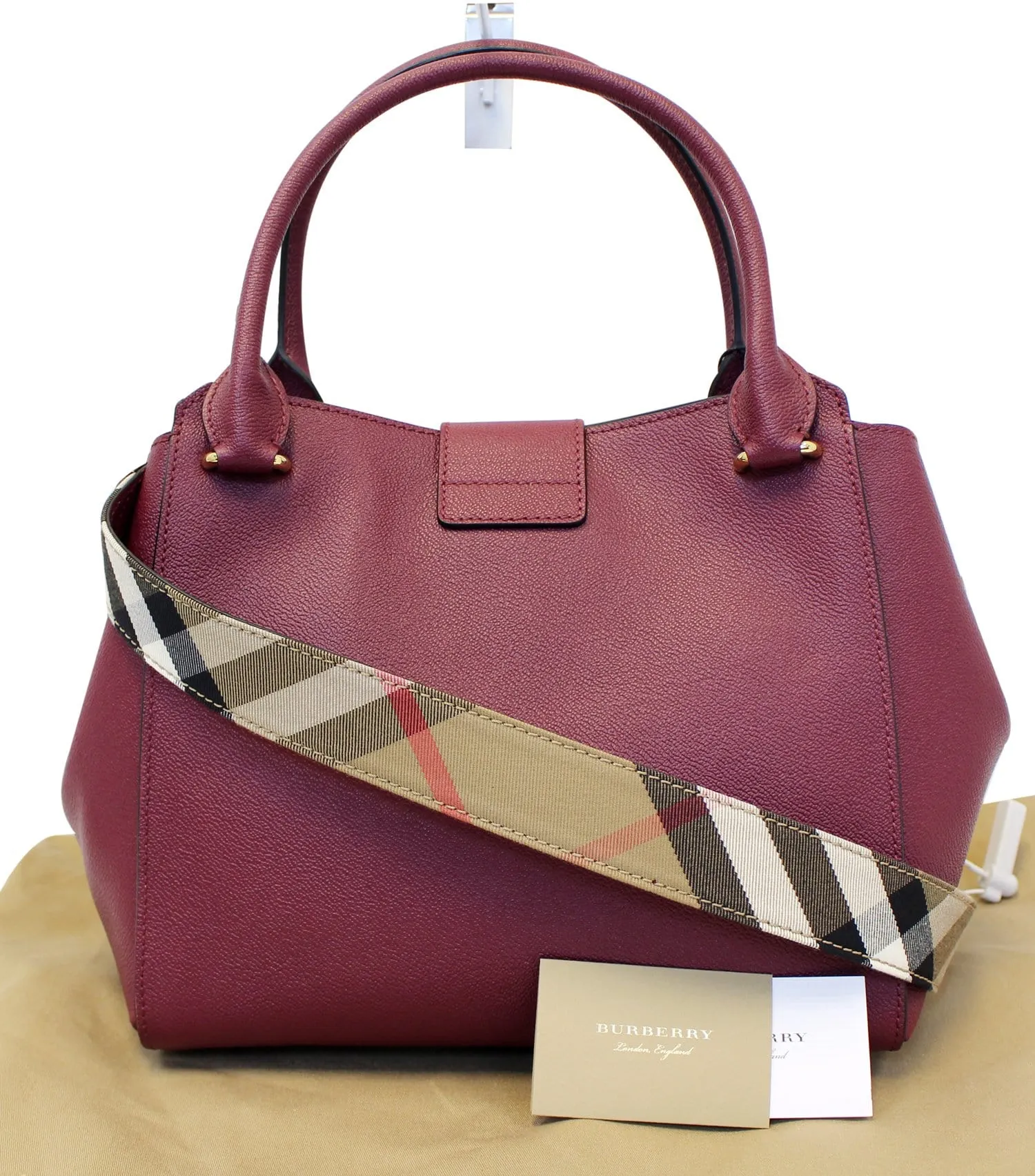BURBERRY Dark Plum Soft Grain Leather Medium Buckle Tote Bag