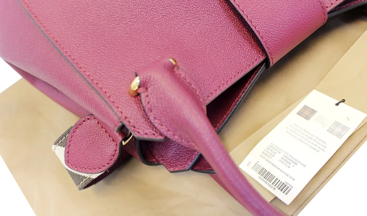 BURBERRY Dark Plum Soft Grain Leather Medium Buckle Tote Bag
