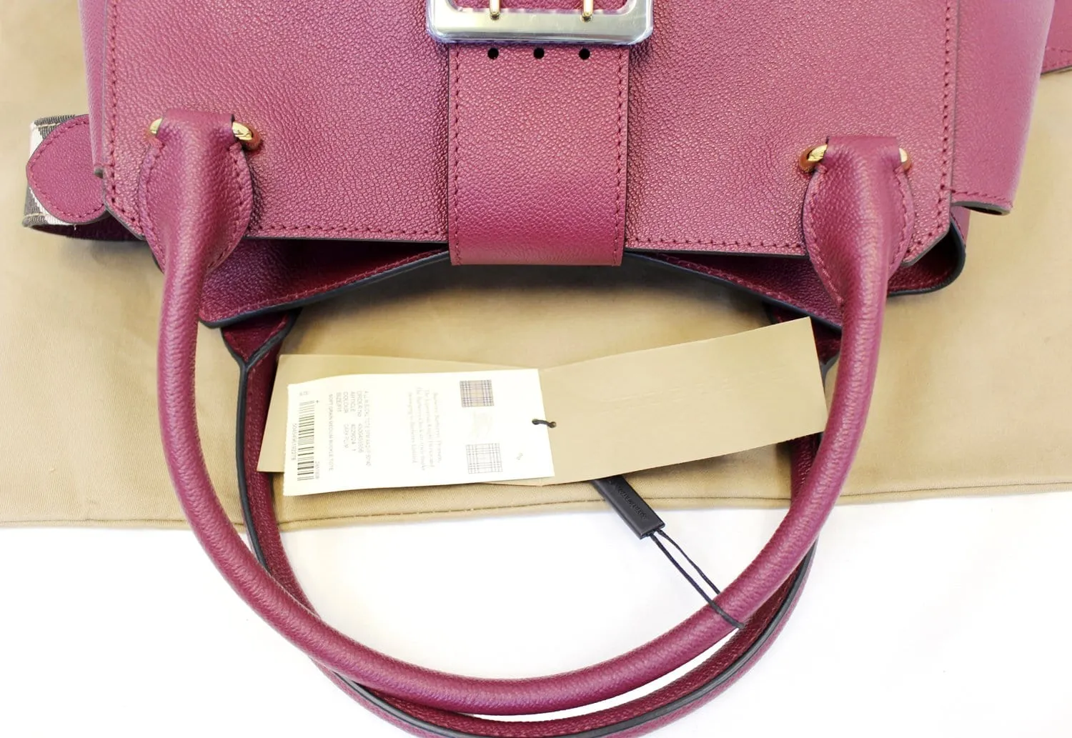 BURBERRY Dark Plum Soft Grain Leather Medium Buckle Tote Bag