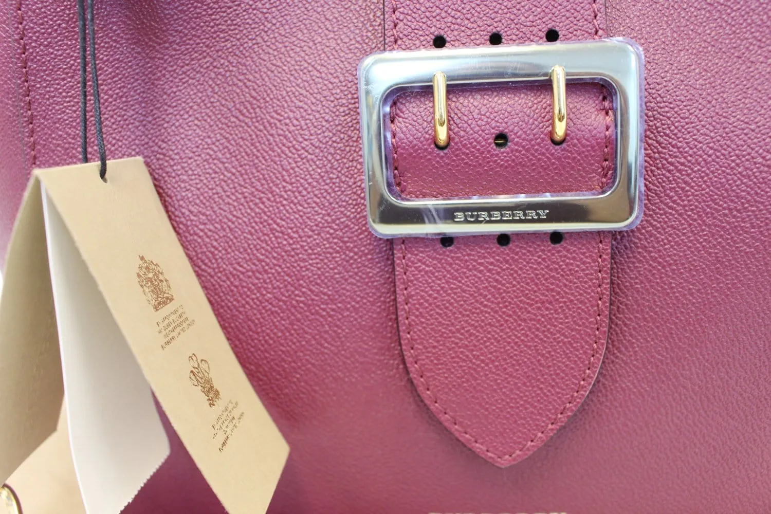 BURBERRY Dark Plum Soft Grain Leather Medium Buckle Tote Bag