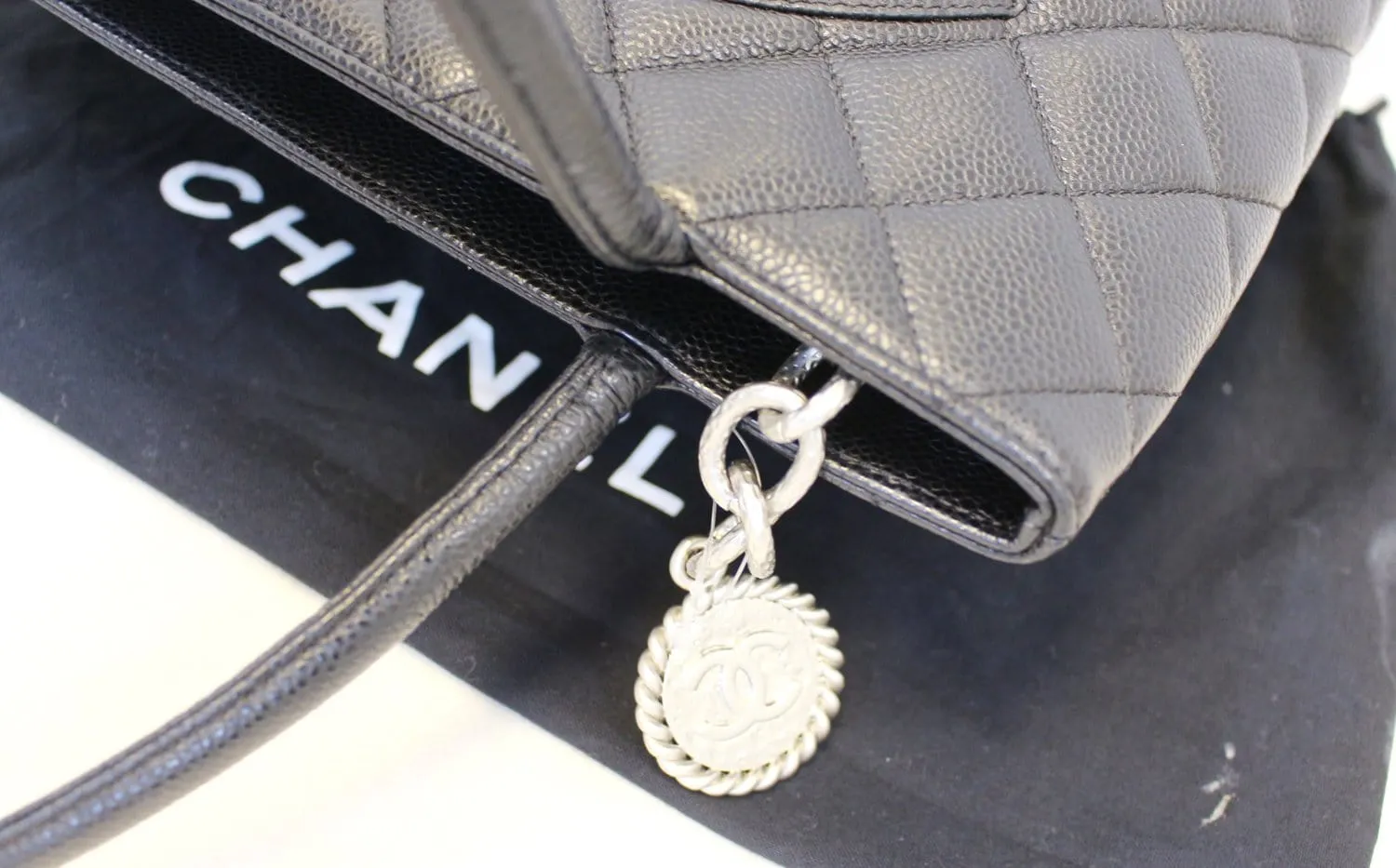 CHANEL Black Quilted Caviar Leather Medallion Tote Bag