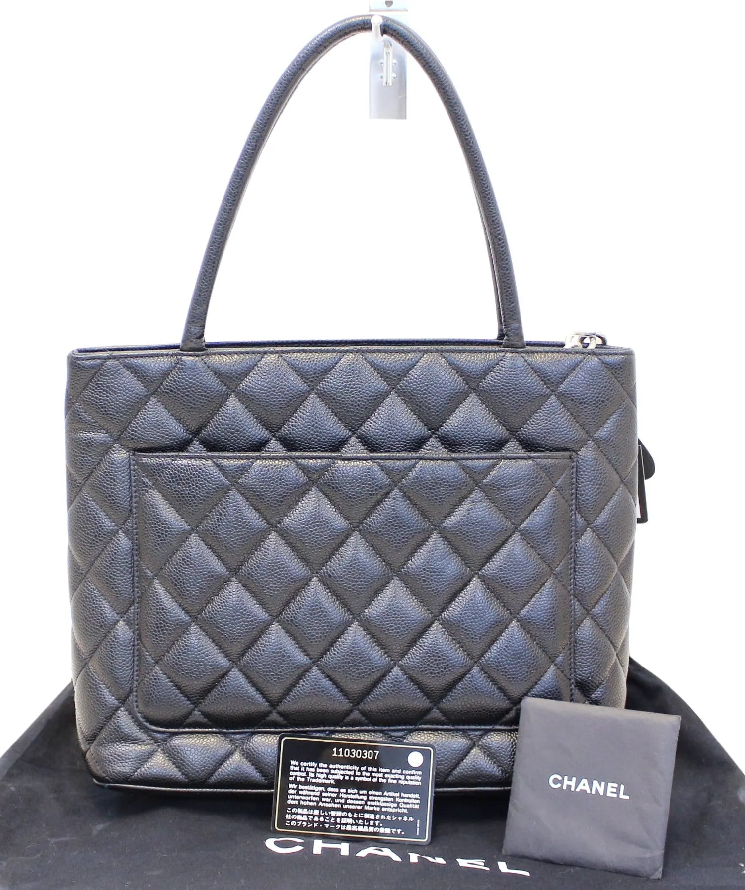 CHANEL Black Quilted Caviar Leather Medallion Tote Bag