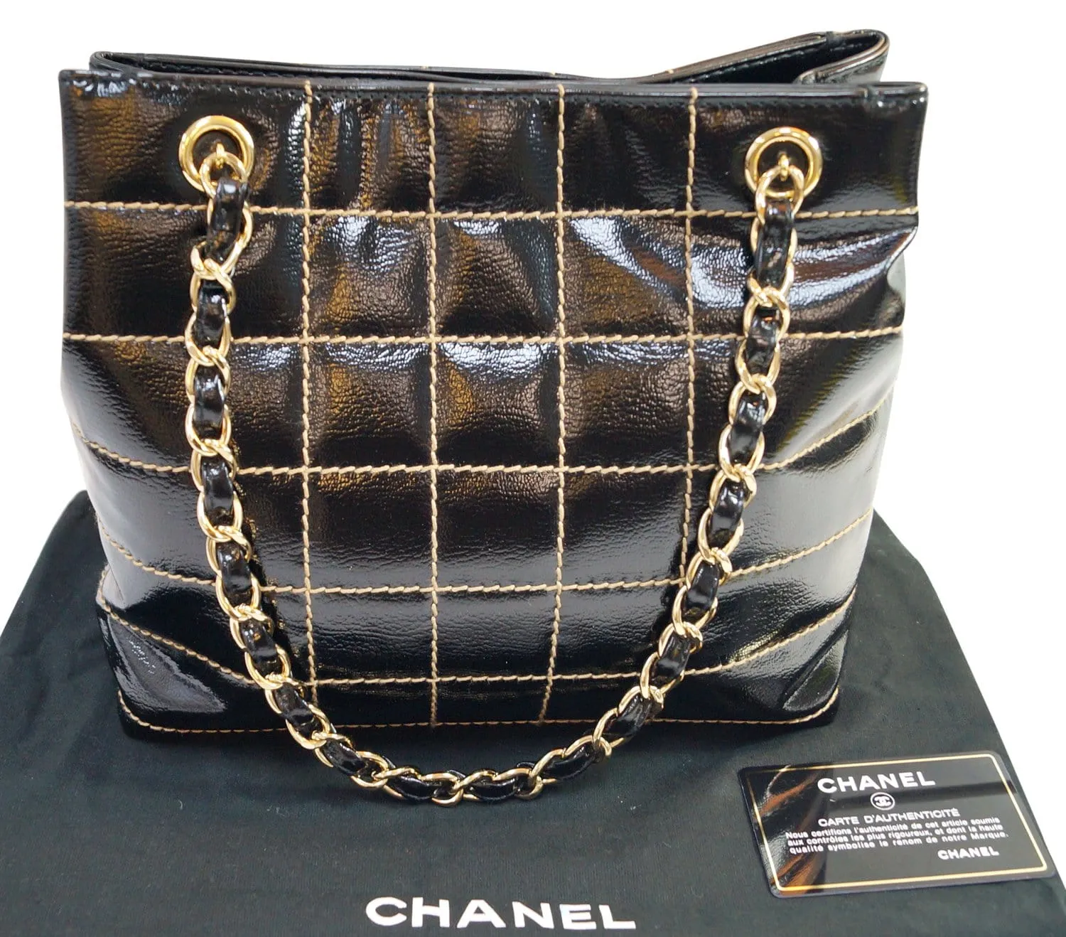 CHANEL Black Square Stitch CC Tote Shoulder Bag