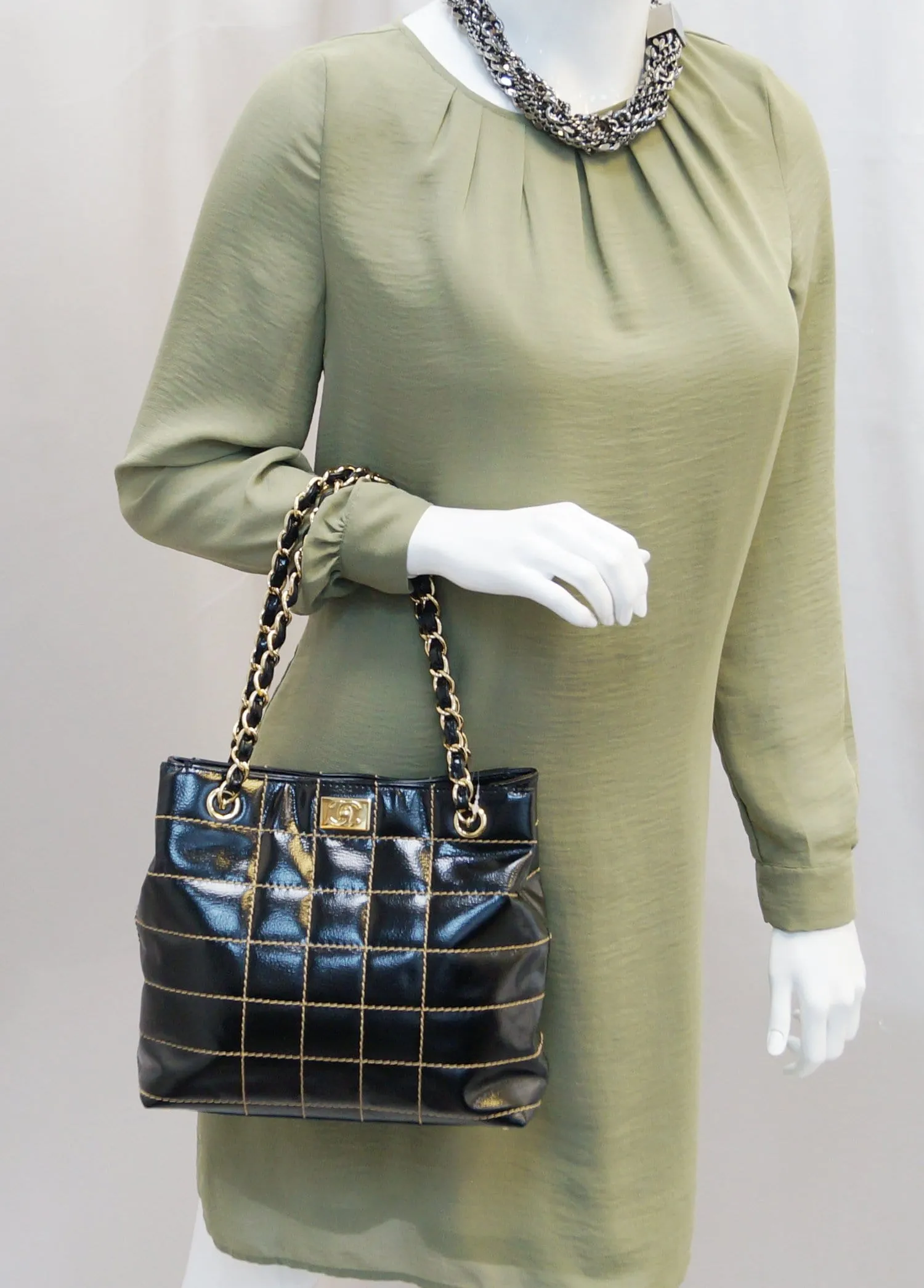 CHANEL Black Square Stitch CC Tote Shoulder Bag