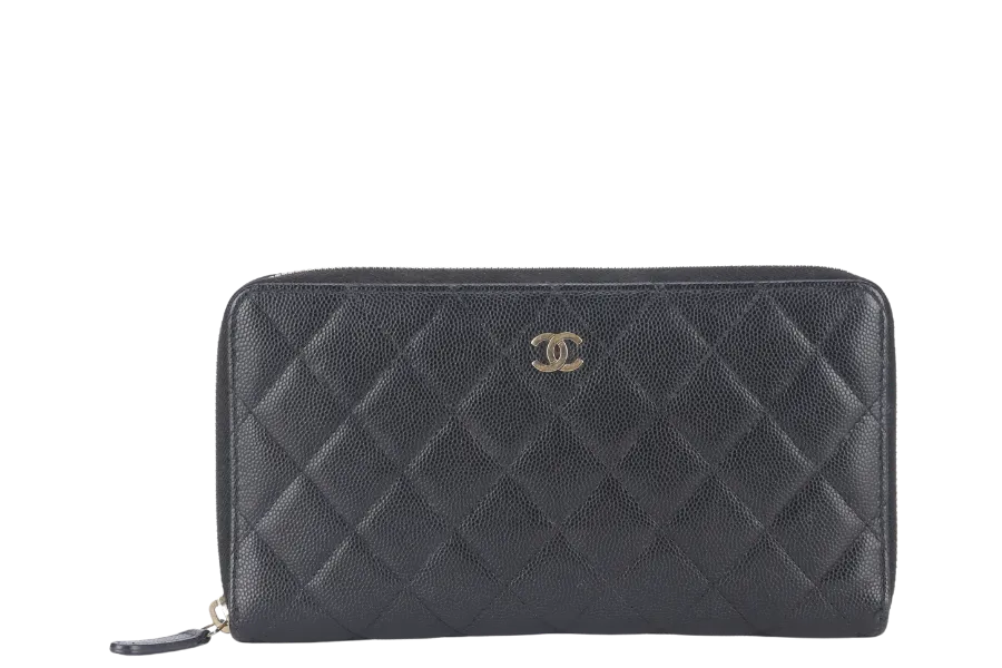 CHANEL ZIP AROUND WALLET (2450xxxx) BLACK CAVIAR LEATHER GOLD HARDWARE WITH CARD AND BOX