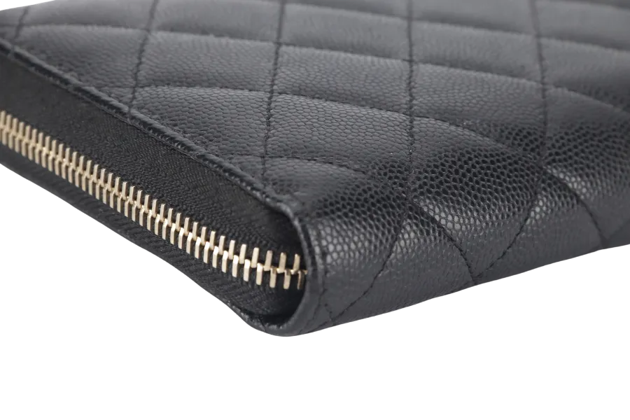 CHANEL ZIP AROUND WALLET (2450xxxx) BLACK CAVIAR LEATHER GOLD HARDWARE WITH CARD AND BOX