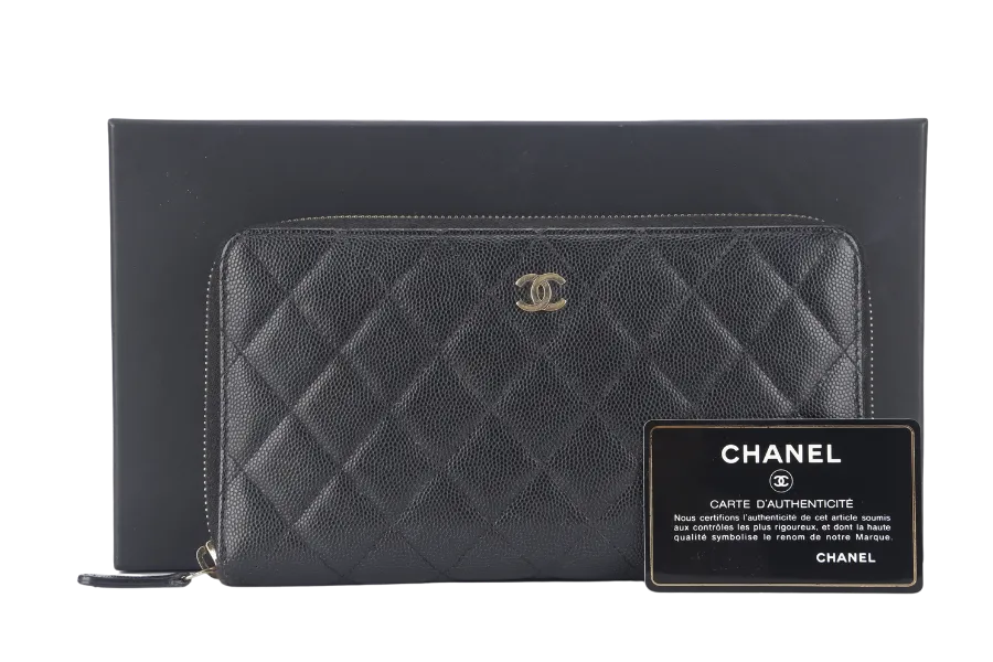 CHANEL ZIP AROUND WALLET (2450xxxx) BLACK CAVIAR LEATHER GOLD HARDWARE WITH CARD AND BOX