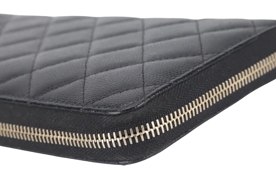 CHANEL ZIP AROUND WALLET (2450xxxx) BLACK CAVIAR LEATHER GOLD HARDWARE WITH CARD AND BOX