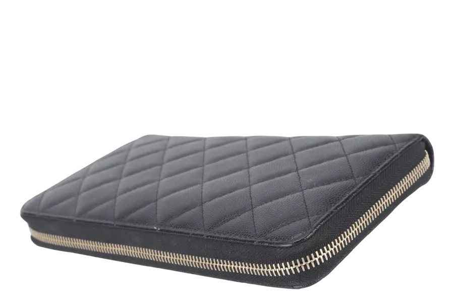 CHANEL ZIP AROUND WALLET (2450xxxx) BLACK CAVIAR LEATHER GOLD HARDWARE WITH CARD AND BOX