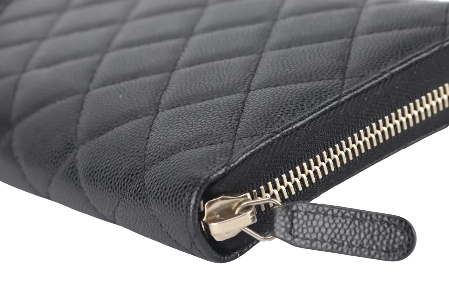 CHANEL ZIP AROUND WALLET (2450xxxx) BLACK CAVIAR LEATHER GOLD HARDWARE WITH CARD AND BOX