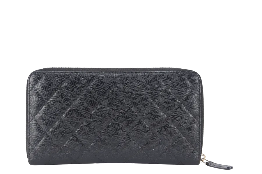 CHANEL ZIP AROUND WALLET (2450xxxx) BLACK CAVIAR LEATHER GOLD HARDWARE WITH CARD AND BOX