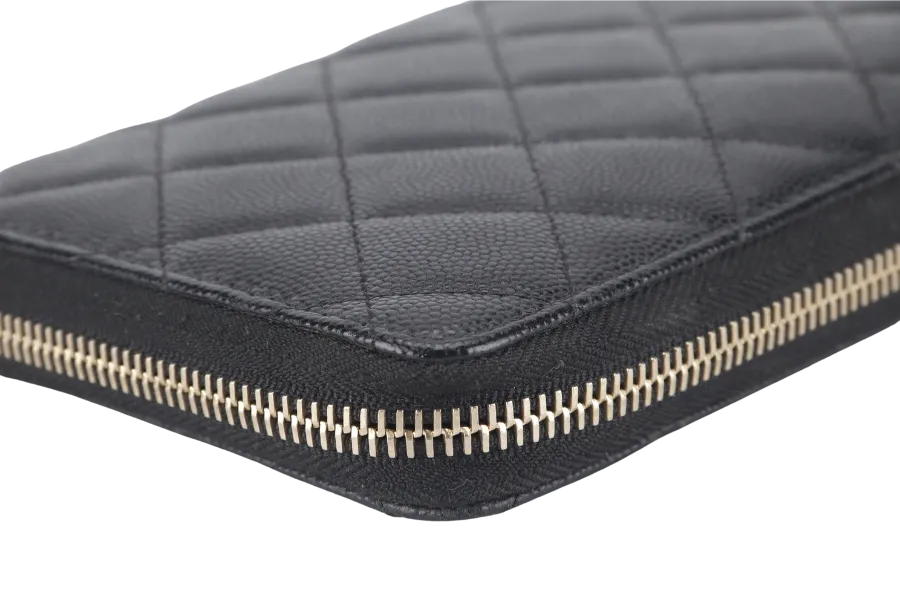 CHANEL ZIP AROUND WALLET (2450xxxx) BLACK CAVIAR LEATHER GOLD HARDWARE WITH CARD AND BOX