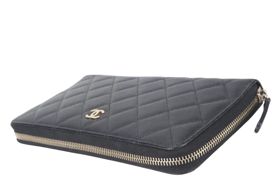 CHANEL ZIP AROUND WALLET (2450xxxx) BLACK CAVIAR LEATHER GOLD HARDWARE WITH CARD AND BOX