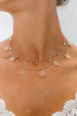 Double Layer Circle and Gem Necklace- Rose Gold
