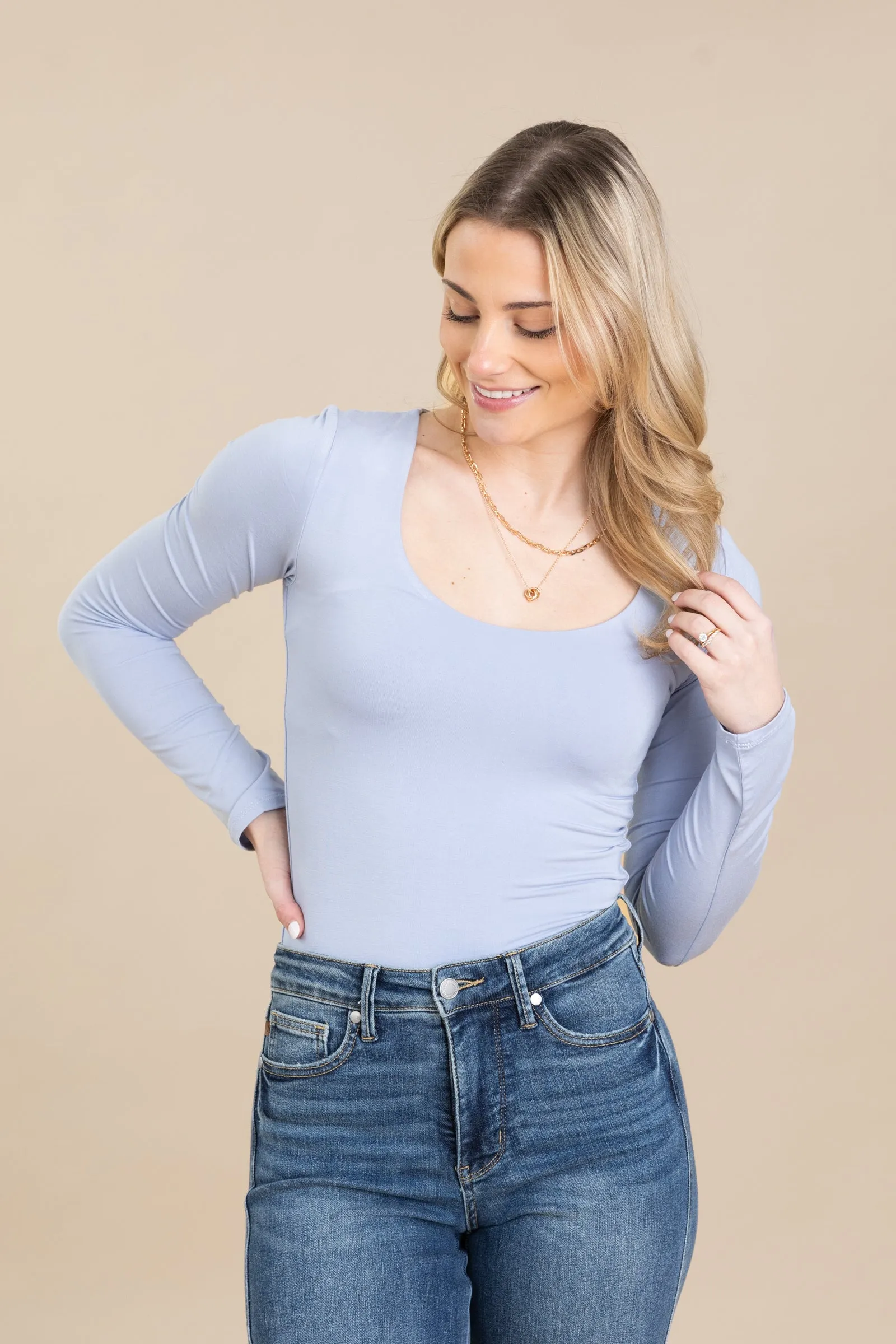 Double Layer Scoop Neck Long Sleeve Top