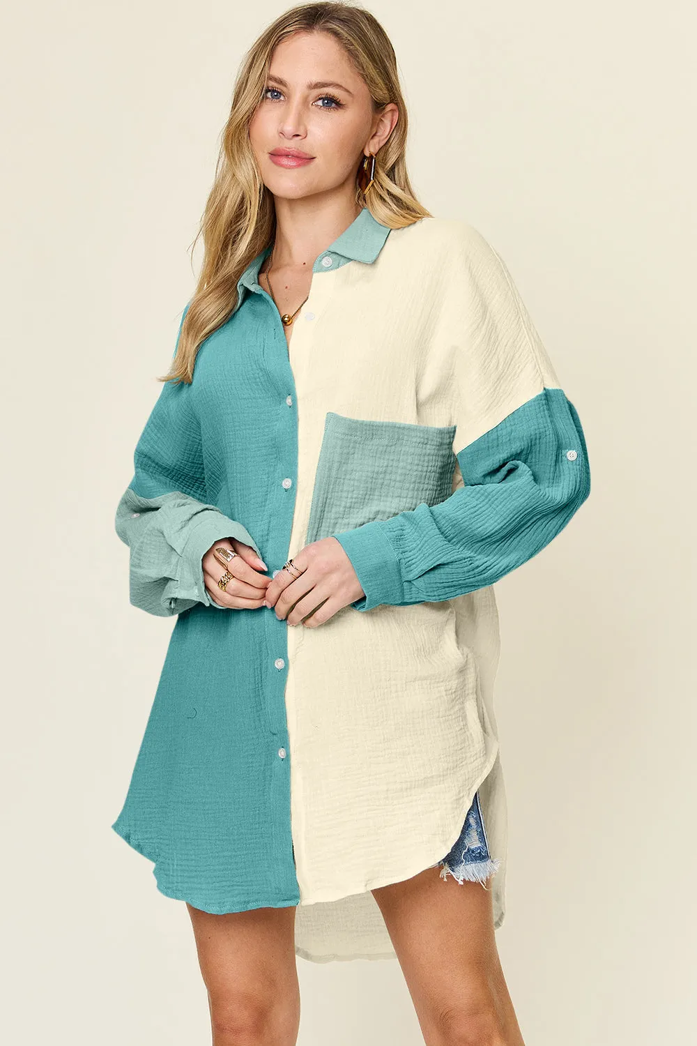Double Take Full Size Pocketed Texture Button Up Shirt