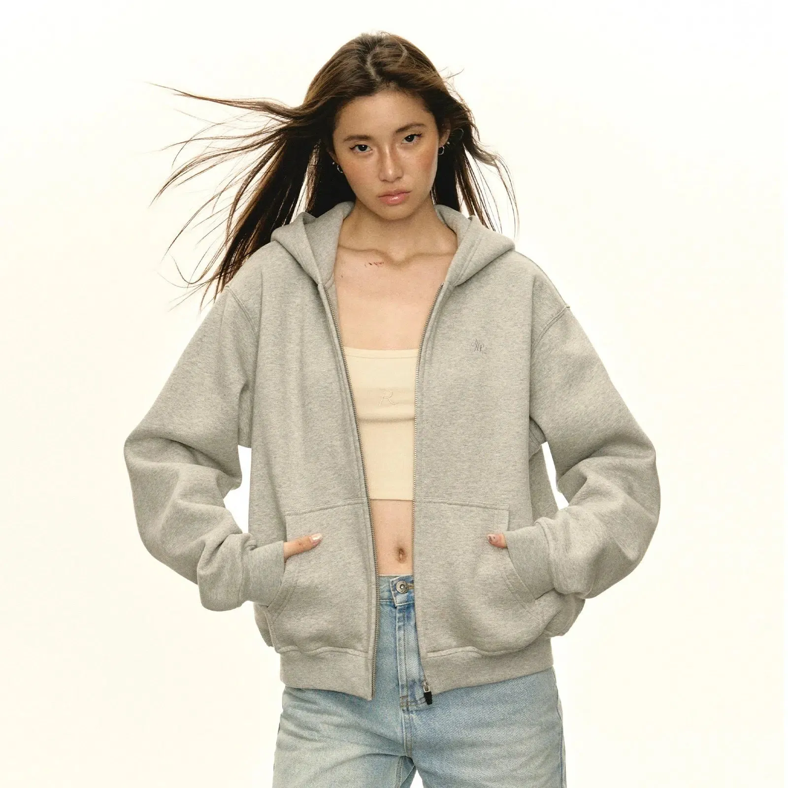 Front Pockets Zip-Up Hooded Sweatshirt