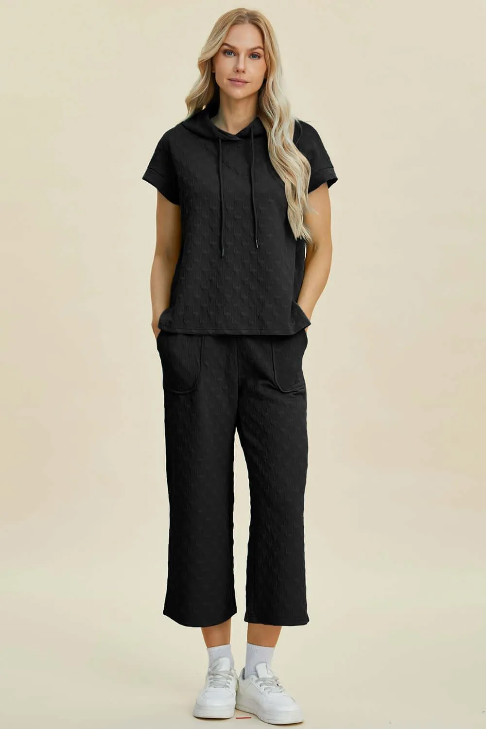Full Size Textured Drawstring Hoodie & Pants Set