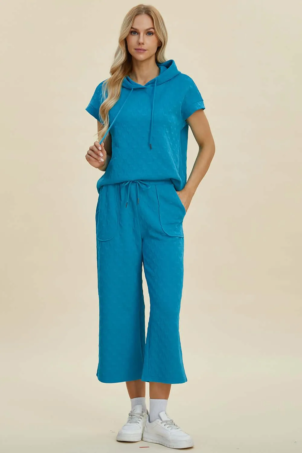 Full Size Textured Drawstring Hoodie & Pants Set