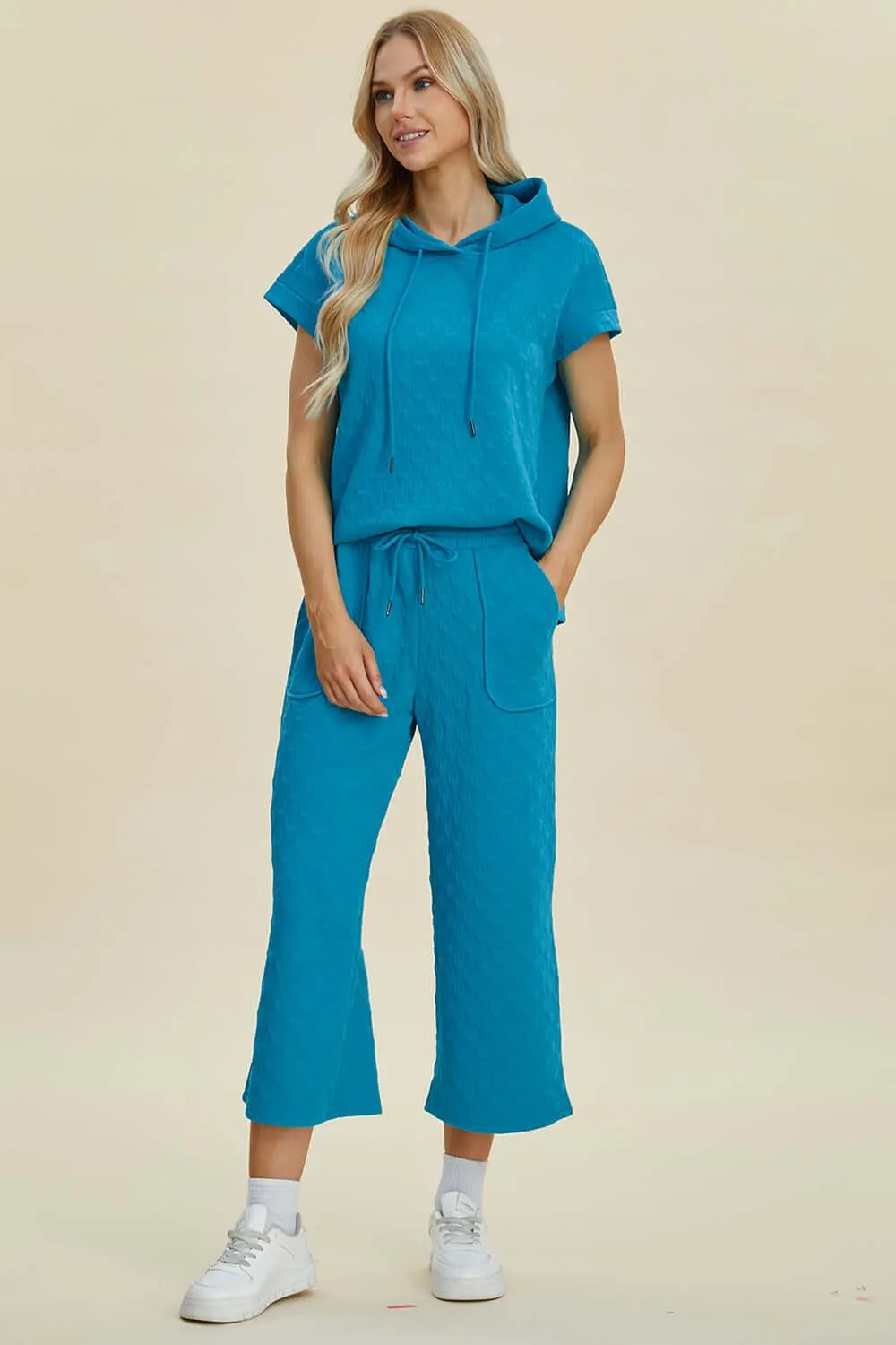 Full Size Textured Drawstring Hoodie & Pants Set