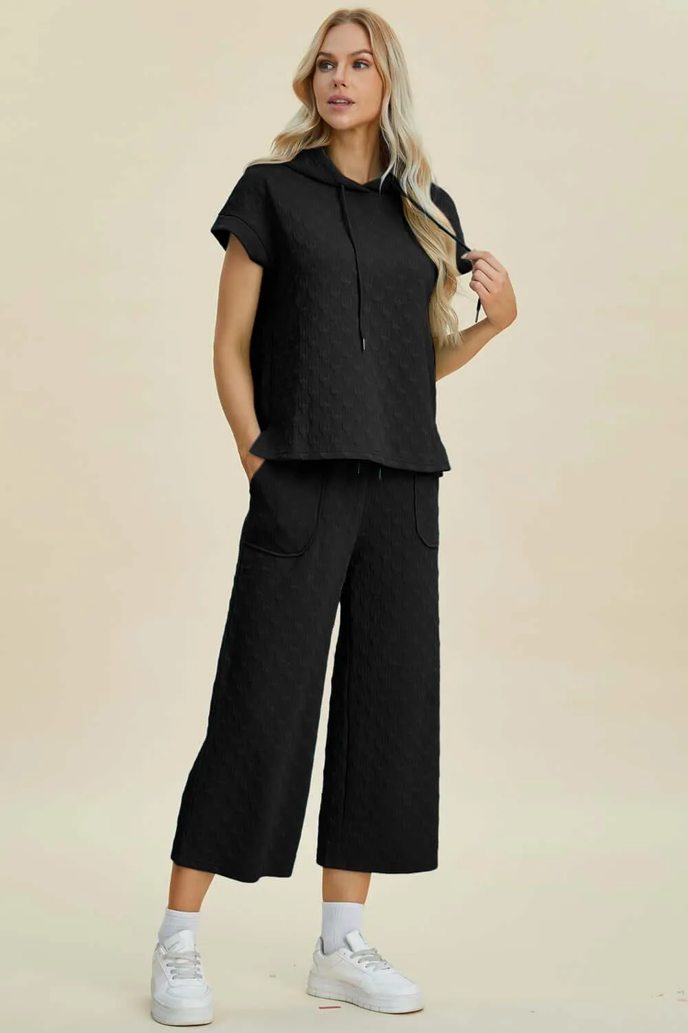 Full Size Textured Drawstring Hoodie & Pants Set