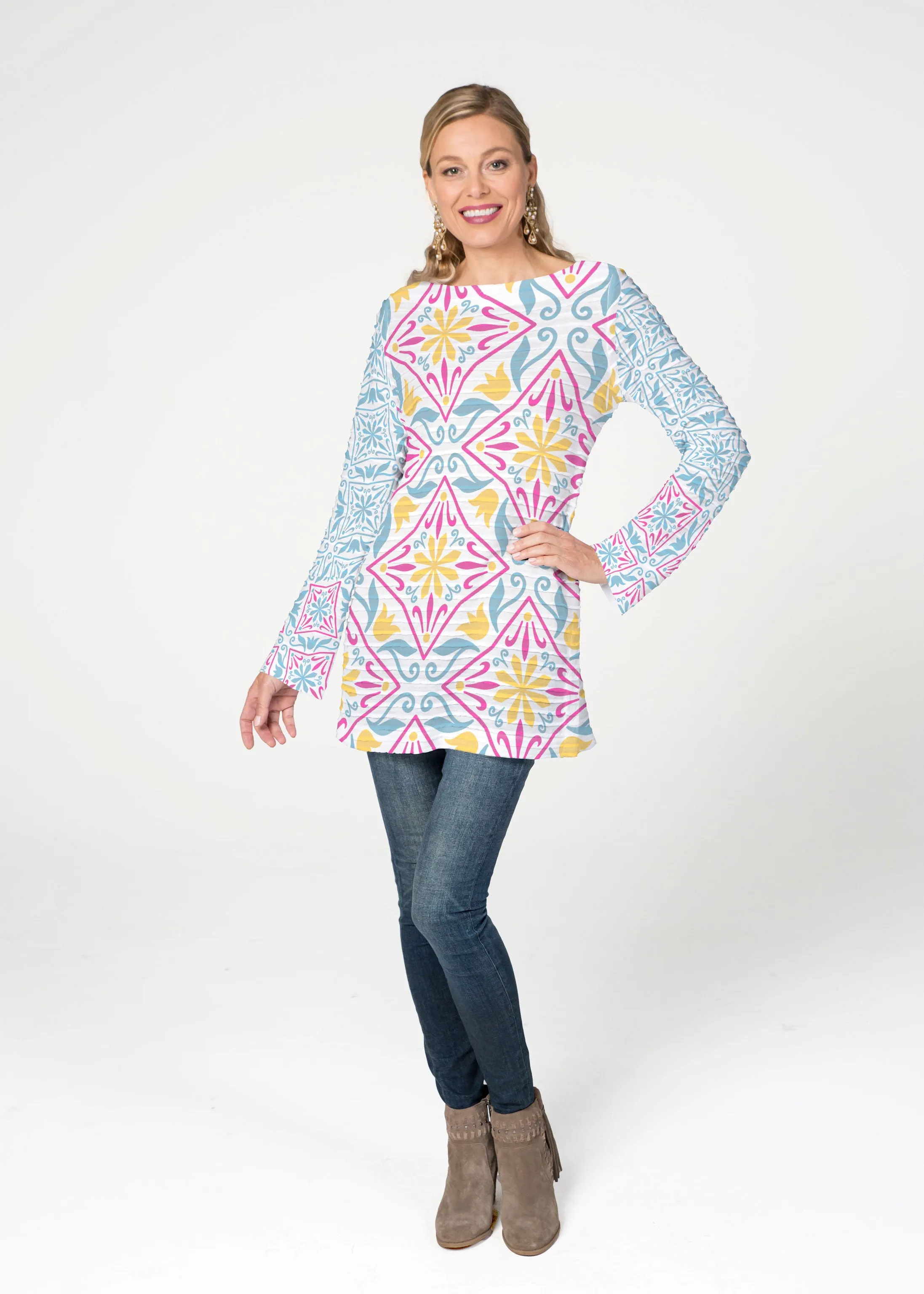 Geo Tile Blue (8158) ~ Banded Boatneck Tunic