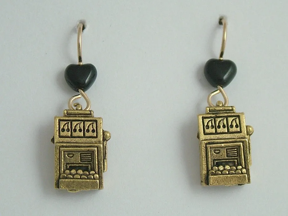 Gold tone Pewter & 14k gf Slot Machine dangle earrings-gambler, slots, gamble