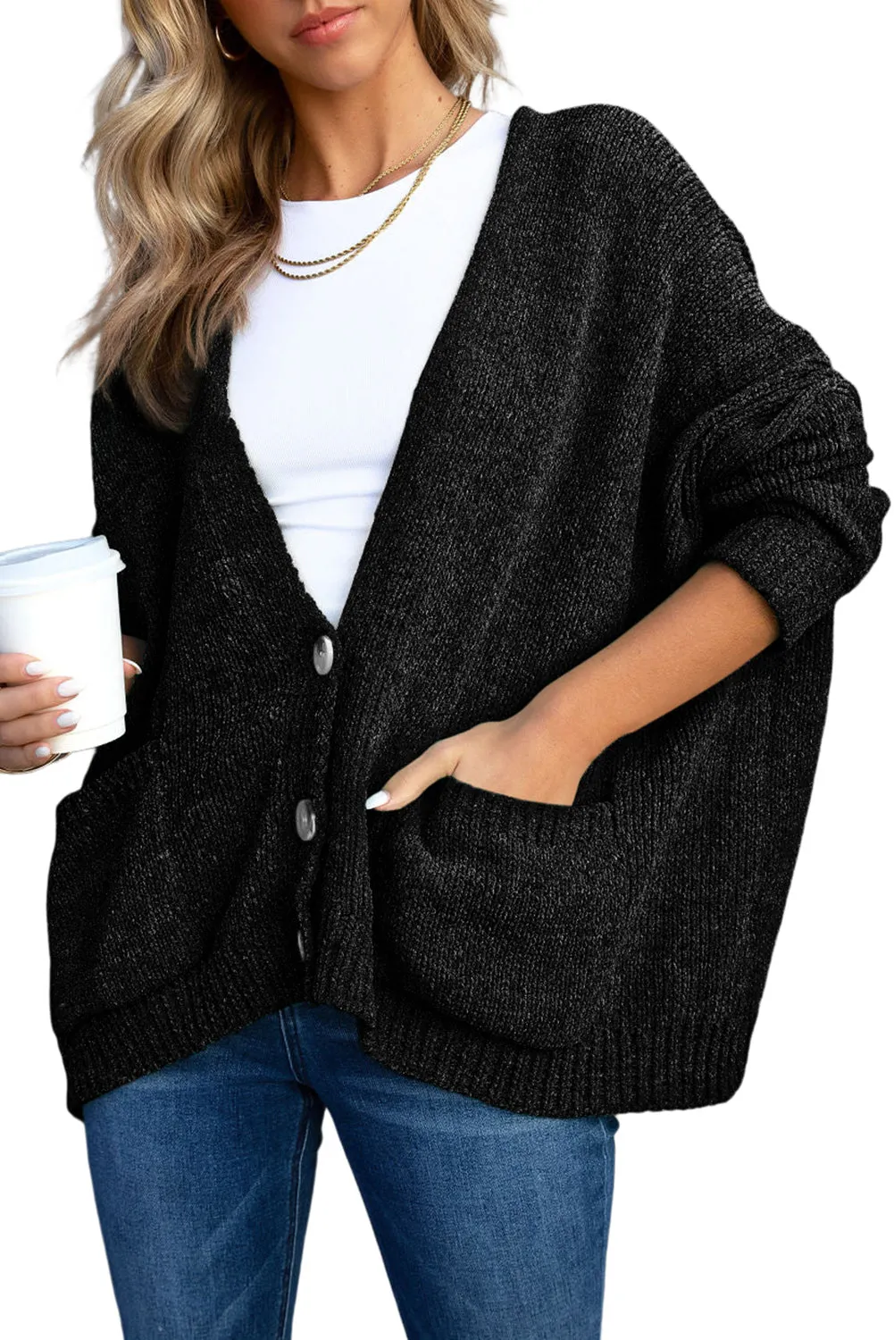 Gray Buttons Front Pocketed Sweater Cardigan