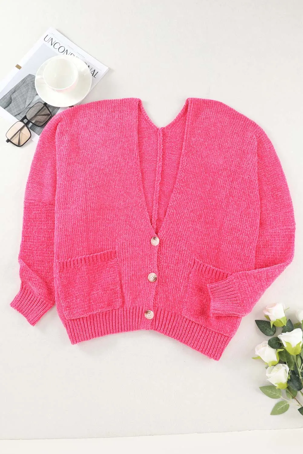 Gray Buttons Front Pocketed Sweater Cardigan