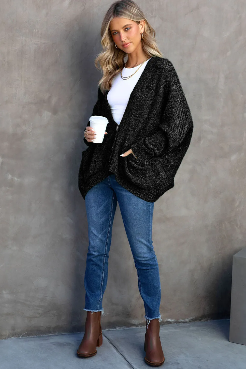 Gray Buttons Front Pocketed Sweater Cardigan